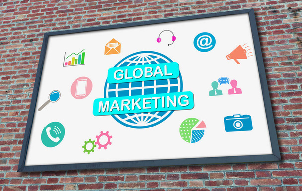 Globális marketing koncepció egy téglafalra rögzített hirdetőtáblára rajzolva - Fotó, kép