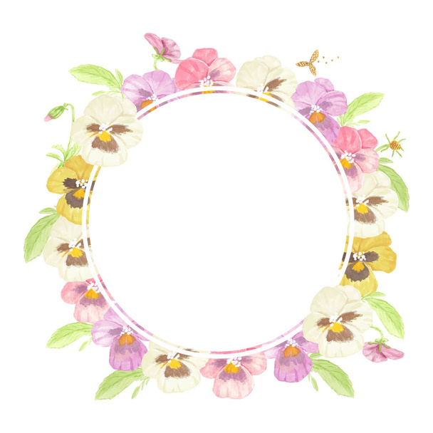 acuarela colorido pansy flor corona marco aislado sobre fondo blanco - Vector, imagen