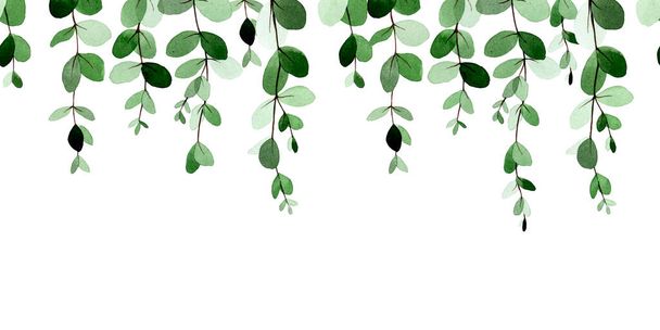 dessin aquarelle. bordure sans couture, motif avec des feuilles abstraites d'eucalyptus. isolé sur fond blanc imprimé avec feuilles et branches vert stylisé, bordure, cadre, bannière - Photo, image