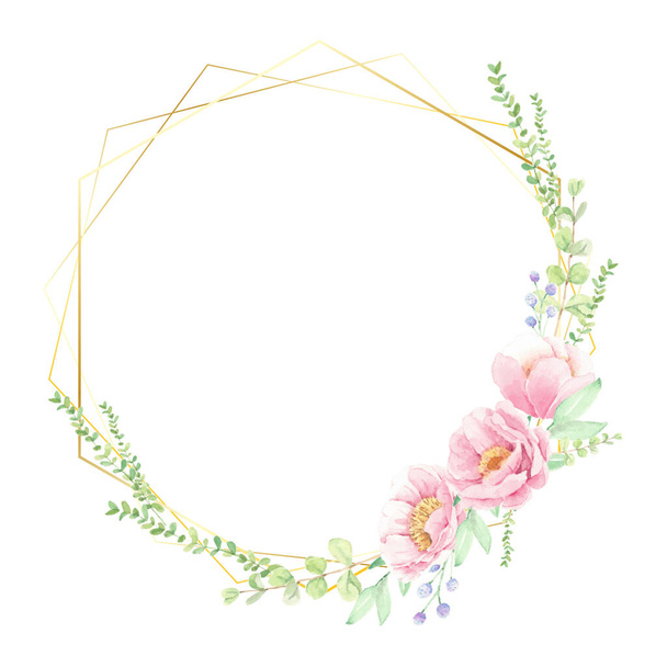 rosa Pfingstrose Blumenstrauß mit goldenem geometrischem Kranzrahmen für Banner oder Logo - Vektor, Bild
