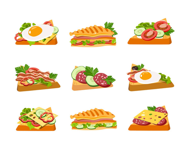 Set of morning sandwiches and toasts for breakfast. Fried pieces of bread with sausage, cheese, eggs, bacon and ham with tomatoes and cucumber. Concept breakfast for menu design. Vector illustration. - Vettoriali, immagini