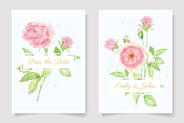 watercolor pink rose flower branch bouquet  wedding invitation card template collection - Vector, Image