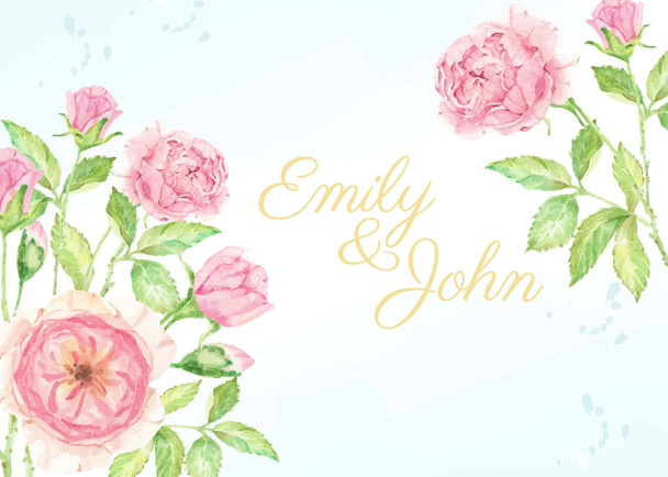 watercolor pink rose flower branch bouquet  wedding invitation card background template - Vector, imagen
