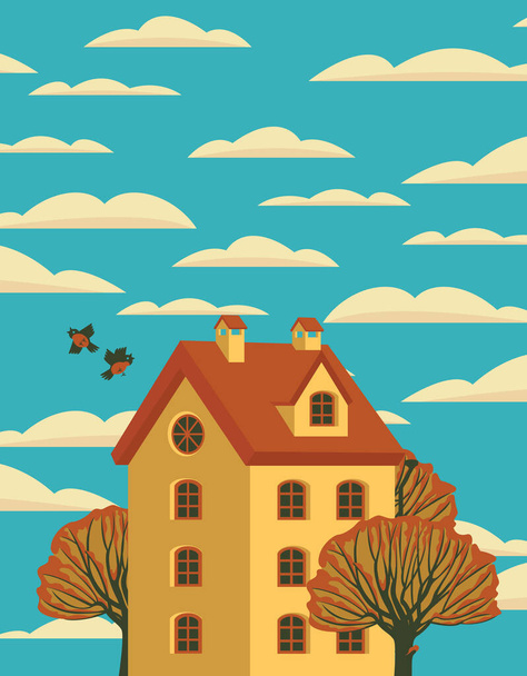Childish autumn landscape with yellow three-storey house, fall trees, a pair of birds and clouds in the blue sky. Decorative vector illustration in cartoon style - Vector, imagen