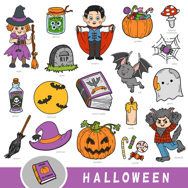 Värikäs joukko Halloween esineitä. Visuaalinen sanakirja lapsille syksyn lomasta - Vektori, kuva