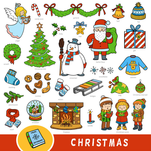 Colorful set of Christmas objects. Visual dictionary for children about winter holiday - Vector, Image