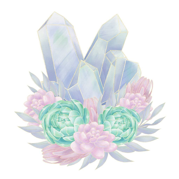 Декоративный состав голубого хрусталя, украшенный зелеными и розовыми сочными цветами, изолированные элементы на белом фоне - Фото, изображение