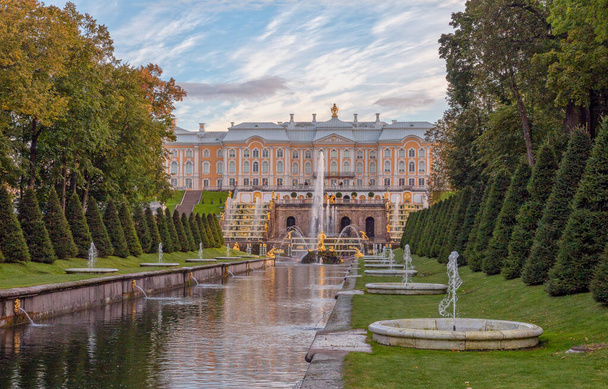 View of the Grand Palace and Grand Cascade at Peterhof. Saint Petersburg, Russia. September 6, 2021. - Fotó, kép