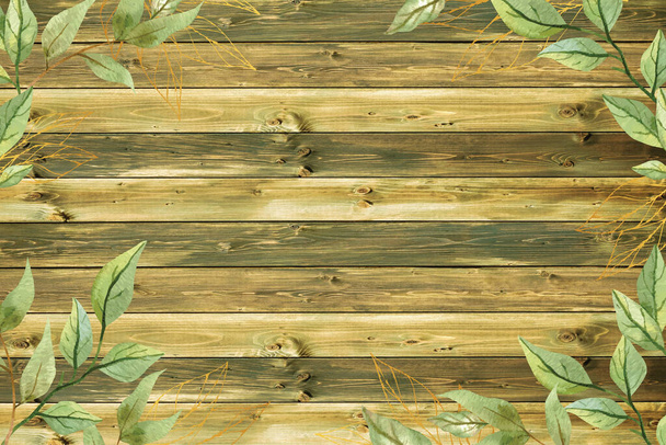 Oude groene houten achtergrond met groene bladeren - Foto, afbeelding