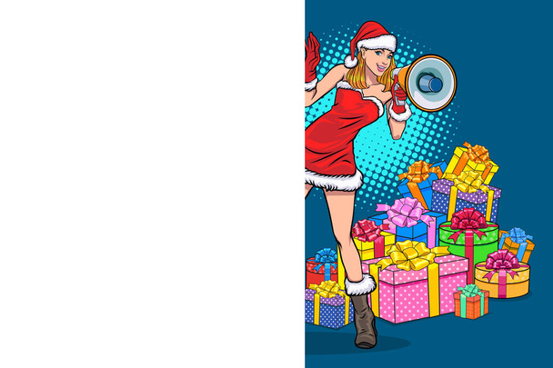 Санта-женщина подглядывает сзади пустой знак с мегафоном поп-арта Комический стиль - Вектор,изображение