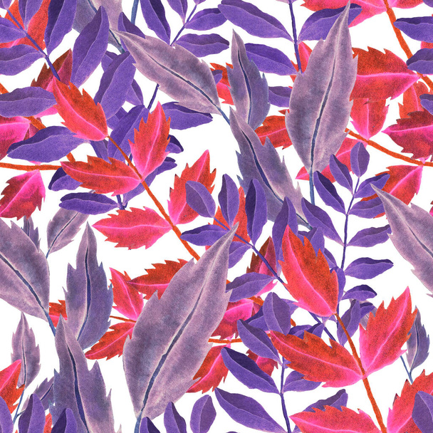 Wzór bezszwowy akwarela z liści vintage. Piękny botaniczny nadruk z kolorowymi liśćmi dla dekoracyjnego designu. Jasne tło wiosny lub lata. Klasyczny wystrój ślubny. Projekt tekstylny. - Zdjęcie, obraz