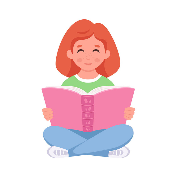 Meisjes lezen boek. Meisje studeert met een boek. Vectorillustratie - Vector, afbeelding