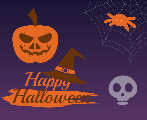 Design-Halloween-Tag 31. Oktober Veranstaltung Dunkle Illustration Spinne und Kürbis-Vektor mit lila Hintergrund - Vektor, Bild