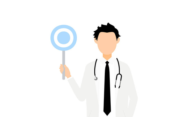 Muž lékař v bílém plášti drží kruh hůl - odpovídající póza - Vektor, obrázek