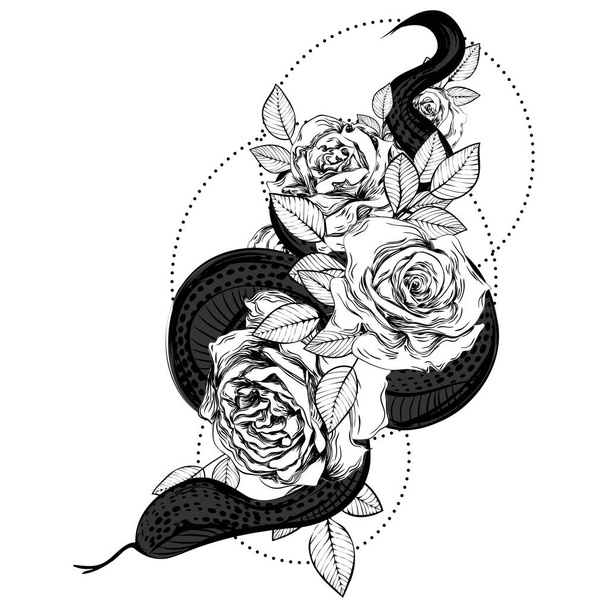 Um buquê de rosas e uma cobra. Ilustração em linha botânica. Esboço. Tatuagem vintage gótica. - Vetor, Imagem