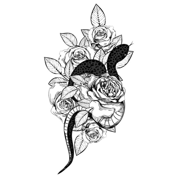 Un bouquet de roses et un serpent. Illustration botanique. Croquis. Tatouage vintage gothique. - Vecteur, image