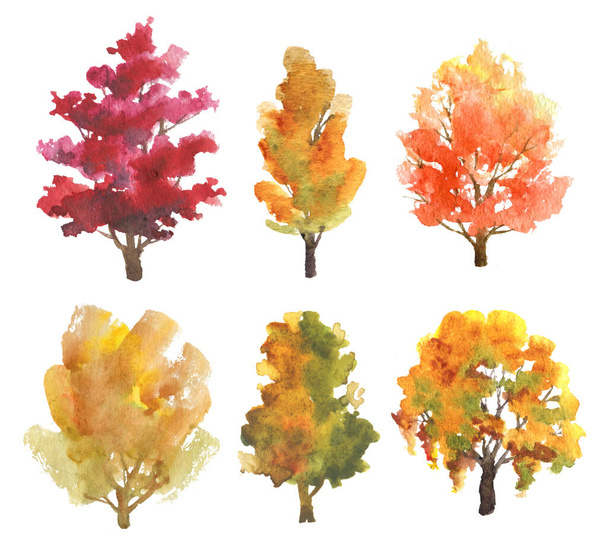 Set of hand drawn watercolor trees with autumn colors isolated on white - Photo, Image