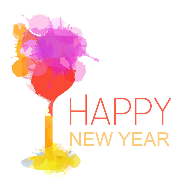 暖かい色のスキームでシャンパンガラスの水彩スプラッシュと幸せな新年のお祝い - ベクター画像