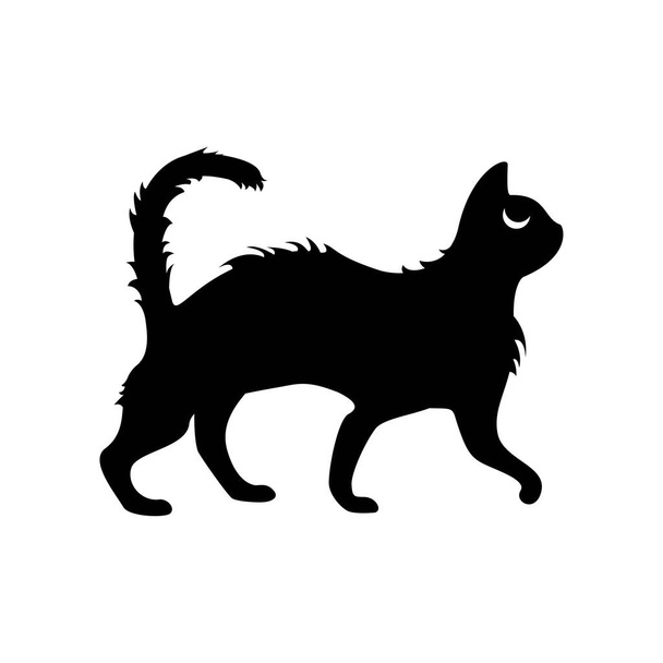 Fekete ijesztő macska sziluett elszigetelt fehér háttér. Vektor lapos vázlat illusztráció. Tervezés banner, poszter, Halloween üdvözlőkártya - Vektor, kép