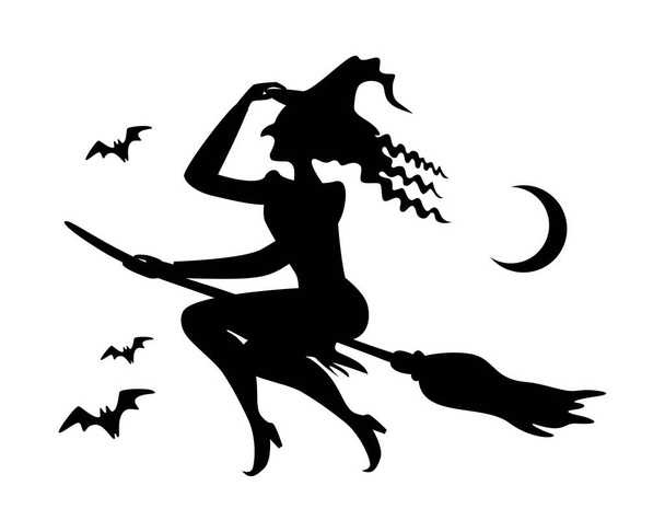 Silhouette witch flying on broomstick with bat, moon isolated on white background.  Vector outline flat illustration. Design for Halloween party, celebration, web page, greeting card - Vector, Image
