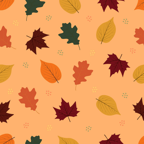 Carino modello autunno senza cuciture con foglie. Foglie autunnali di quercia, acero e pioppo su fondo arancione. - Vettoriali, immagini