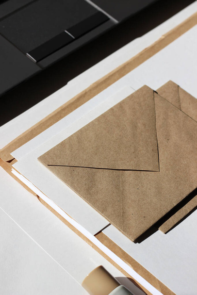 Business, Education Concept Background. Design Mockup with Notebook, Envelopes, Paper Sheets. - 写真・画像
