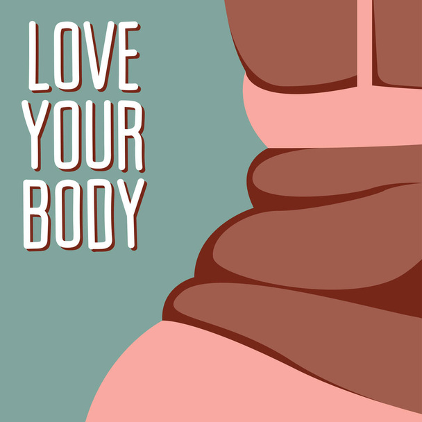 vector fashion illustration on the theme of body positivity. juicy fat girl in yellow underwear is not shy about fat folds on her body. isolated on a turquoise background. the text "love your body". - Vector, Image