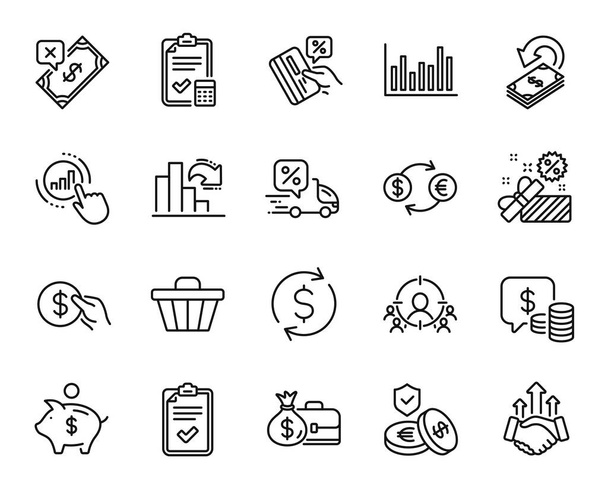 Vector set of Salary, Coins and Delivery discount line icons set. Decreasing graph, Rejected payment and Piggy bank icons. Accounting checklist, Graph chart and Credit card signs. Vector - Vetor, Imagem