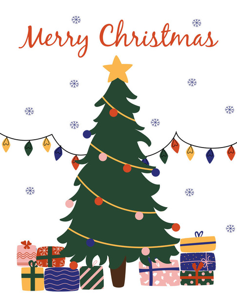 Cartão de Natal com uma árvore de Natal elegante. Presentes e guirlanda com luzes. Ilustração plana vetorial em estilo vintage - Vetor, Imagem