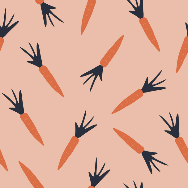 Abstract orange carrots on a pink background. Seasonal vegetables harvest hand drawn vector illustration. Colorful autumn seamless pattern. - Вектор,изображение