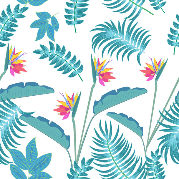 Векторний тропічний безшовний візерунок з листям пальми та квітів. Ботанічний фон, шпалери для джунглів
. - Вектор, зображення
