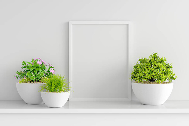 Flower and succulent pot plant with picture frame mockup, 3D rendering - Photo, Image