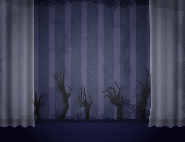 Habitación vieja envejecida con papel pintado grunge rayado azul, cortina transparente y sombras de manos espeluznantes para Halloween desig - Vector, imagen