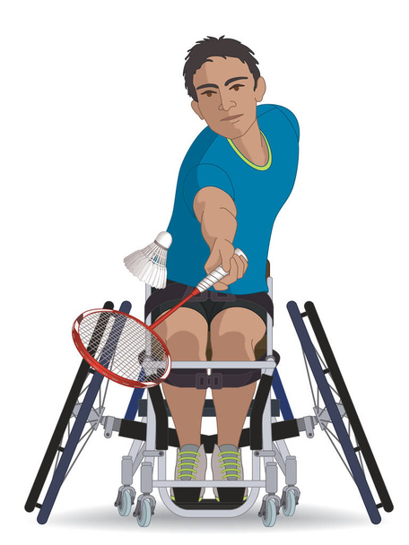 para esportes badminton paralímpico, atleta masculino com deficiência física sentado em cadeira de rodas especializada segurando raquete batendo shuttle isolado no fundo branco - Vetor, Imagem