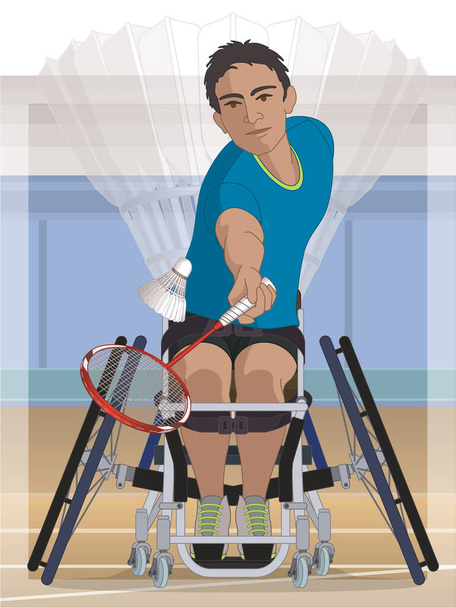 паралімпійський спортивний паралімпійський бадмінтон, спортсмен з обмеженими фізичними можливостями, що сидить у спеціалізованому інвалідному візку, що тримає ракетку, яка б'є шаттл з тлом стадіону
 - Вектор, зображення