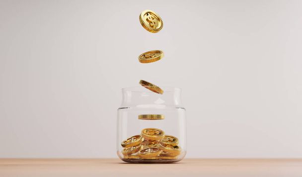 Золота монета опускається до прозорої резервної банки на дерев'яному столі для інвестицій та банківської концепції фінансового заощадження за допомогою 3d рендерингу
. - Фото, зображення
