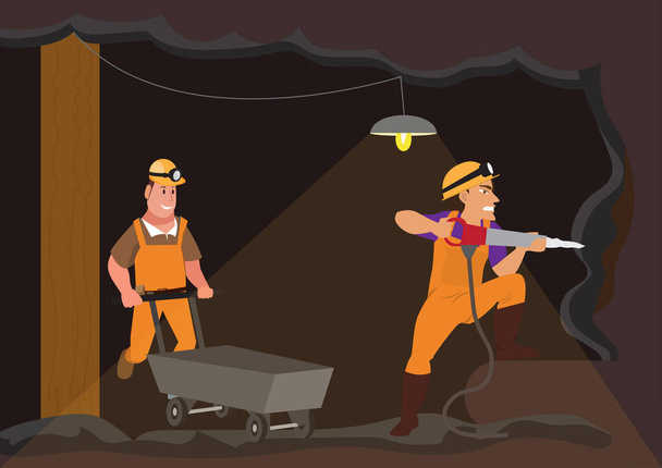 men in uniform work underground mining coal. Flat style cartoon illustration vector - Vector, Image
