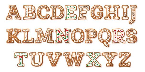 Gingerbread Alphabet Isolated on White. English Letters. Vector Illustration. Christmas Cookies. Holidays Pastry. - Vector, afbeelding