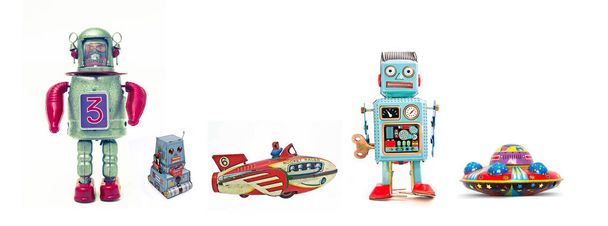 retro brinquedos isolados foguete robô e UFO  - Foto, Imagem