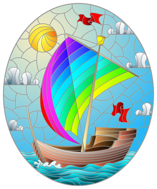 Иллюстрация в витражном стиле со старым кораблем, плывущим с радужными парусами к морю, овальное изображение - Вектор,изображение