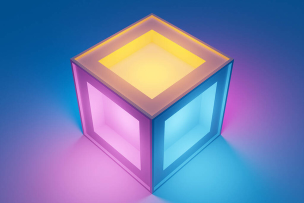 青、ピンク、オレンジ色のネオンカラーの下に影を持つ照明キューブの幾何学的な体積図と3Dイラストの古典的な静物画 - 写真・画像