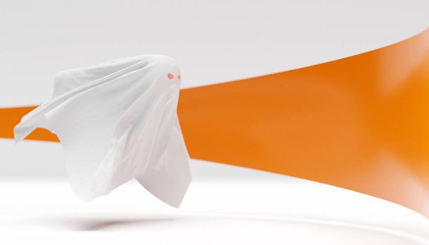 3D απεικόνιση ενός λευκού που φέρουν φάντασμα σπεύδουν σε μια συνάντηση σε ένα πορτοκαλί και άσπρο φόντο. 3D απεικόνιση ενός φαντάσματος αιωρείται σε ένα ανατριχιαστικό ιερό φόντο. Απόκριες. - Φωτογραφία, εικόνα