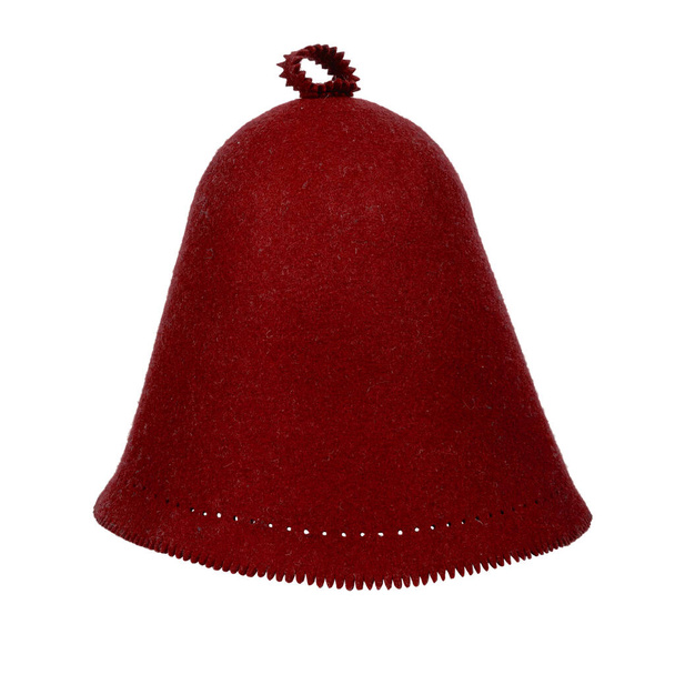 A klasszikus burgundi fejvédő kalapot érzett a szaunában. Fehér alapon elszigetelve - Fotó, kép