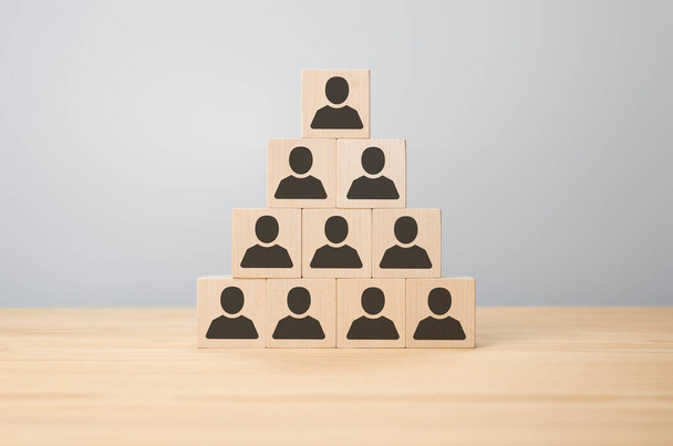 personnel pyramid, Human resources and CEO. business concept image of wooden piramid with people icons over the table, human resources and management concept - Fotoğraf, Görsel