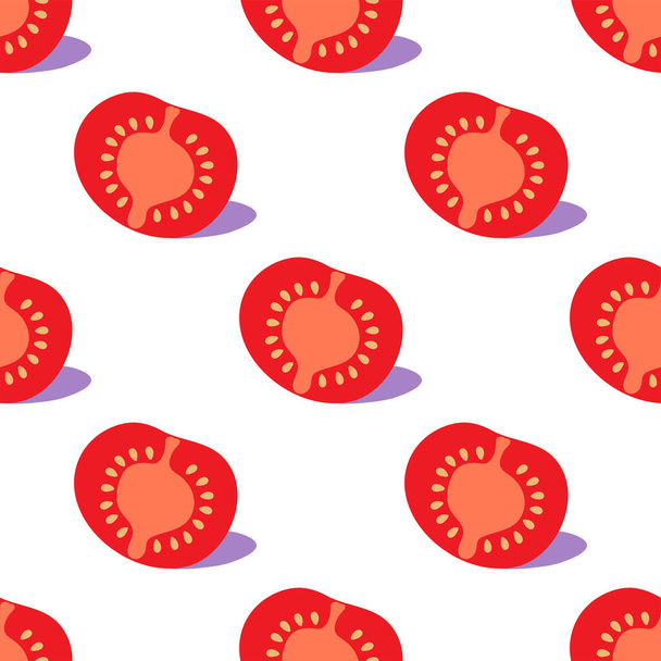 Sliced red tomato with shadow. Vegetable organic background. Seamless pattern. Flat style. Vector illustration. - Vektori, kuva