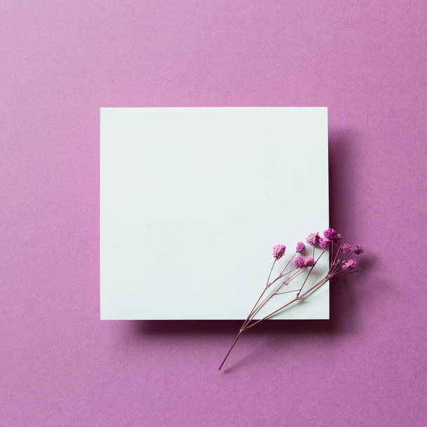 Пустая белая карточка с сухим цветком на фиолетовом фоне. вид сверху, место для копирования - Фото, изображение