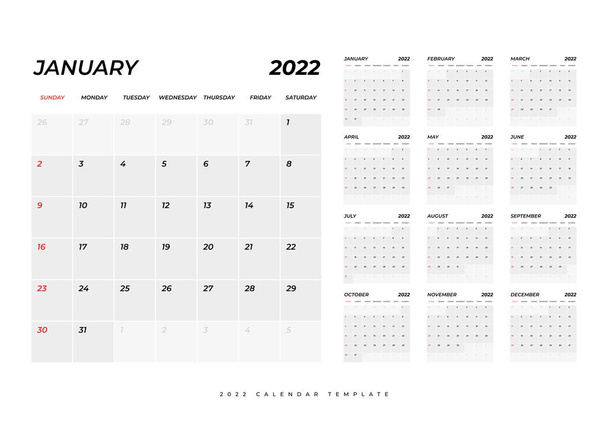 カレンダー2022,クリーンな最小限のテーブルシンプルなスタイルで12ヶ月.カレンダー2022のテンプレート。カレンダー企画週. - ベクター画像