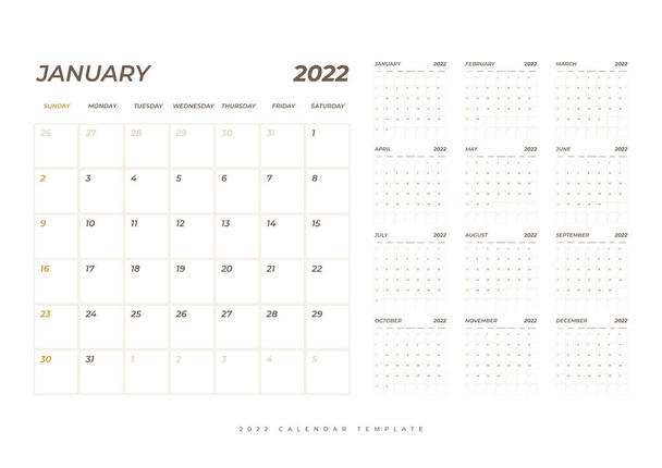 Calendario 2022, 12 meses en la tabla mínima limpia estilo simple. Calendario 2022 plantilla. Semana de planificación del calendario. - Vector, Imagen