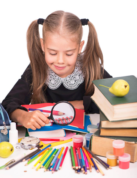 Caucasian child girl with school supplies stationary isolated on white background. - Fotografie, Obrázek