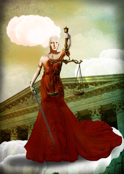 Oikeuden jumalatar mittaa ja uhkaa miekalla - Valokuva, kuva